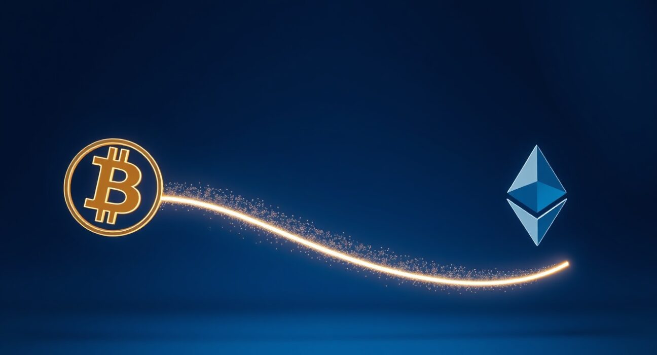 Symbolic representation of investment capital rotating from Bitcoin to Ethereum in March 2025.