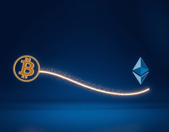 Symbolic representation of investment capital rotating from Bitcoin to Ethereum in March 2025.