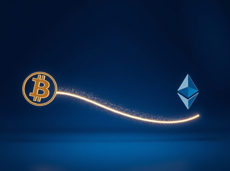 Symbolic representation of investment capital rotating from Bitcoin to Ethereum in March 2025.