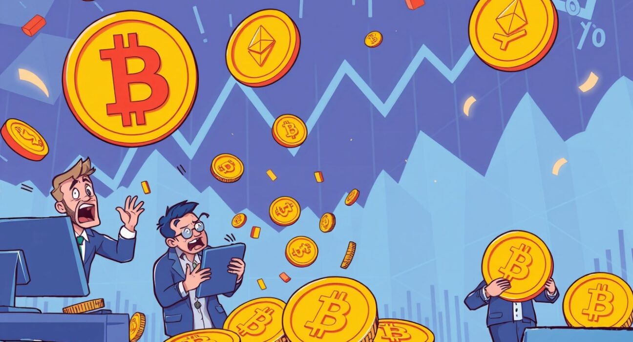 Dramatic crypto liquidations scene showing Bitcoin and Ethereum market downturn