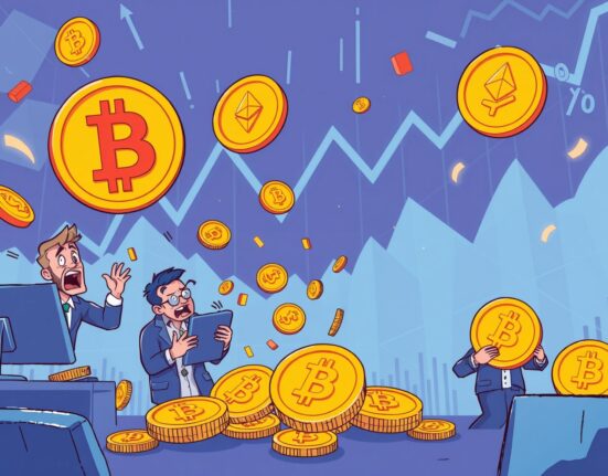 Dramatic crypto liquidations scene showing Bitcoin and Ethereum market downturn