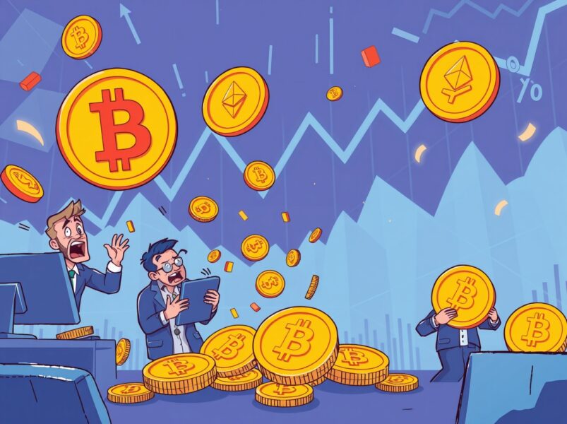 Dramatic crypto liquidations scene showing Bitcoin and Ethereum market downturn
