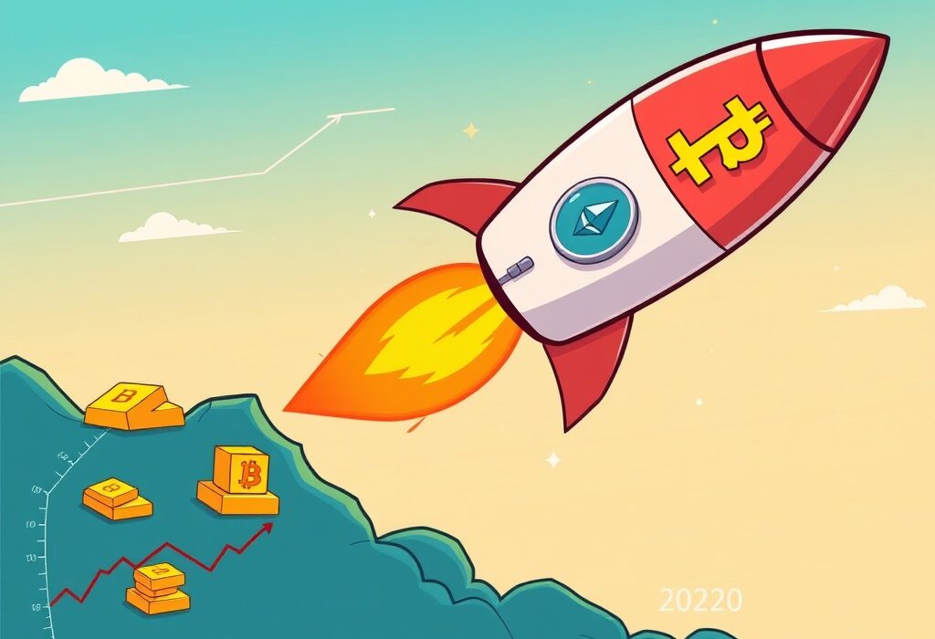 A cartoon rocket with Bitcoin and Ethereum symbols illustrates the extraordinary cryptocurrency performance over a decade.
