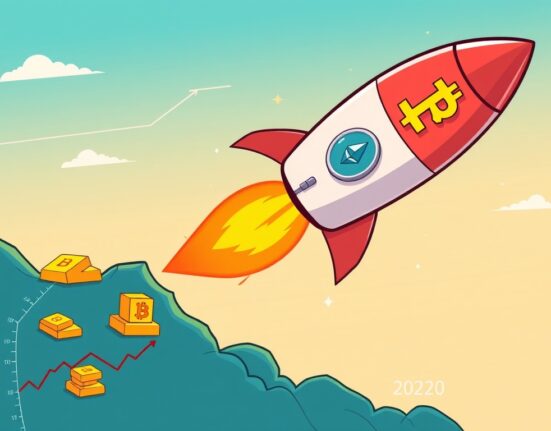 A cartoon rocket with Bitcoin and Ethereum symbols illustrates the extraordinary cryptocurrency performance over a decade.