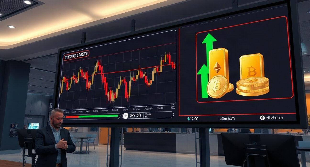 Trading screen showing declining cryptocurrency charts alongside rising precious metals prices