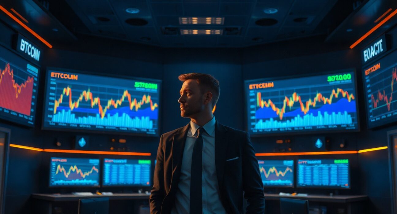 Data center screens showing Bitcoin and Ethereum price charts and declining exchange balance graphs