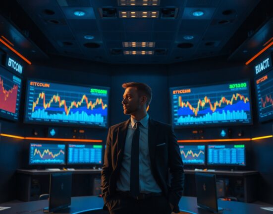 Data center screens showing Bitcoin and Ethereum price charts and declining exchange balance graphs