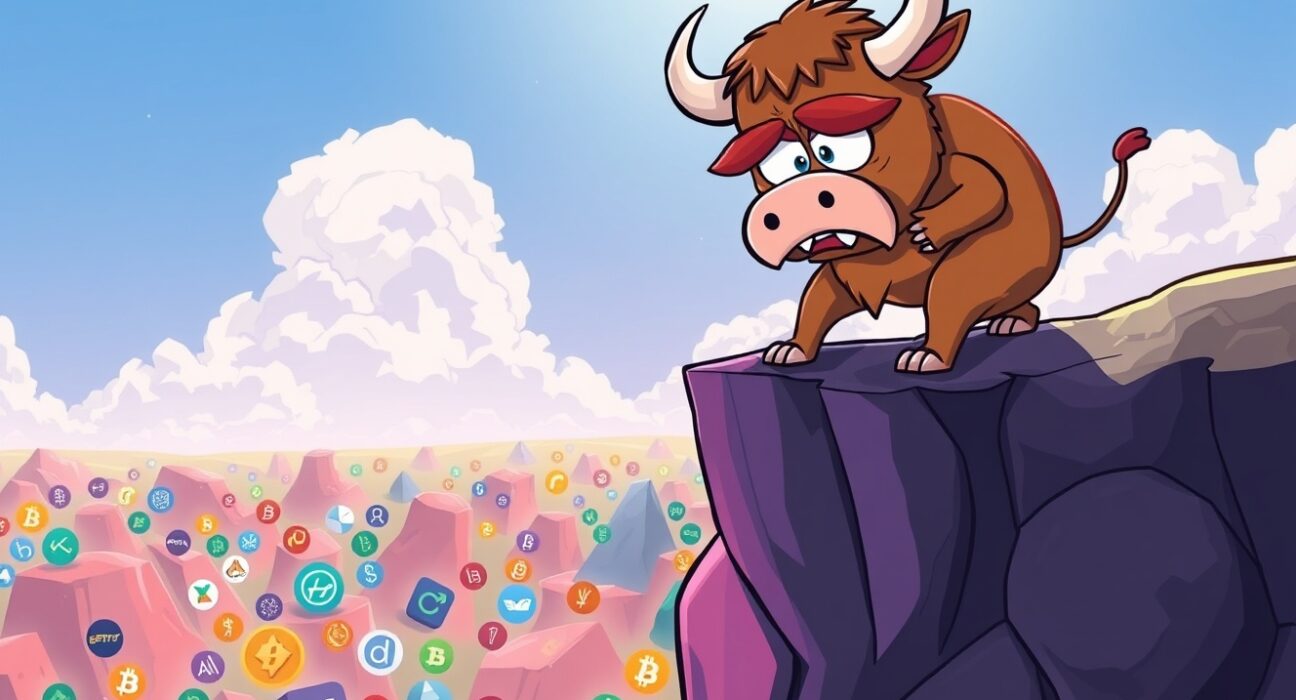 A cartoon illustrating the intense pressure of crypto liquidations on bullish traders during a market downturn.