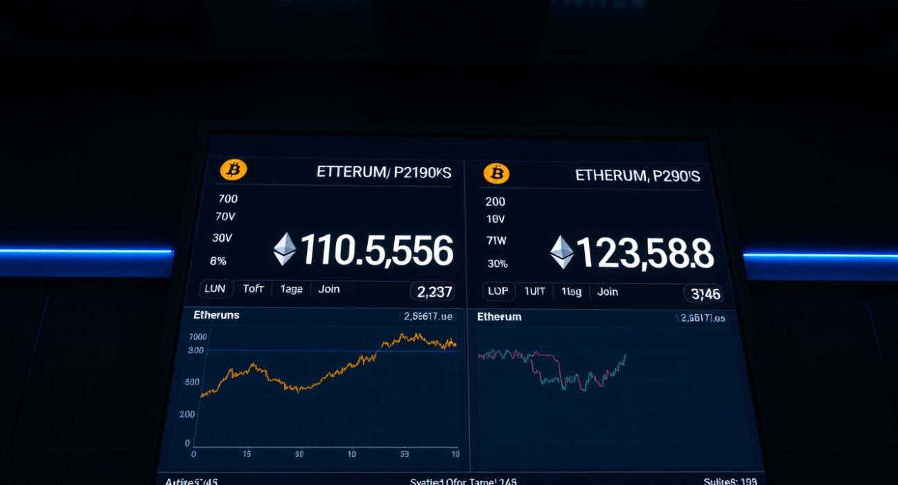 Digital display showing Bitcoin and Ethereum options expiry data on a trading floor