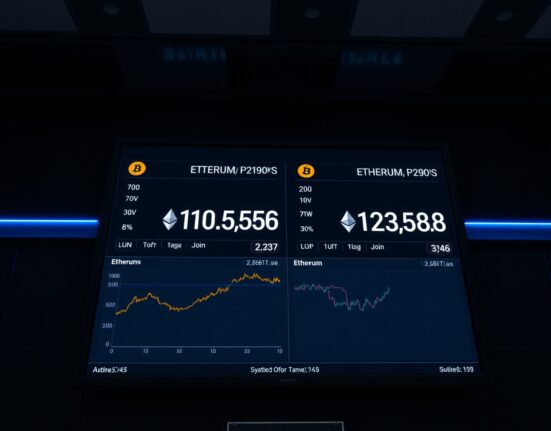 Digital display showing Bitcoin and Ethereum options expiry data on a trading floor