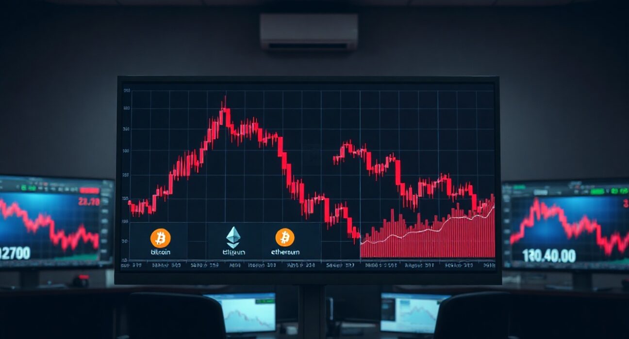 Cryptocurrency price charts showing downward trends on a trading screen