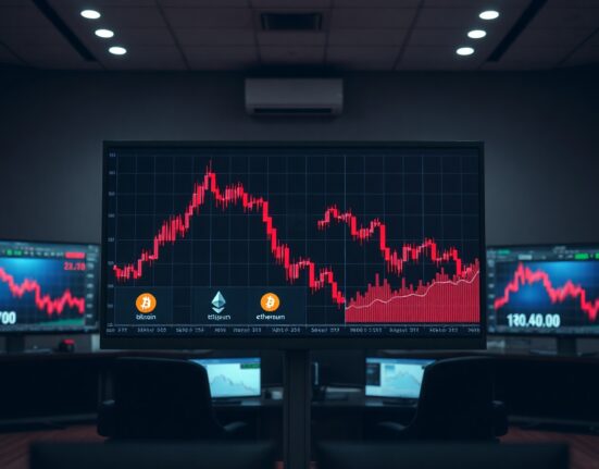 Cryptocurrency price charts showing downward trends on a trading screen