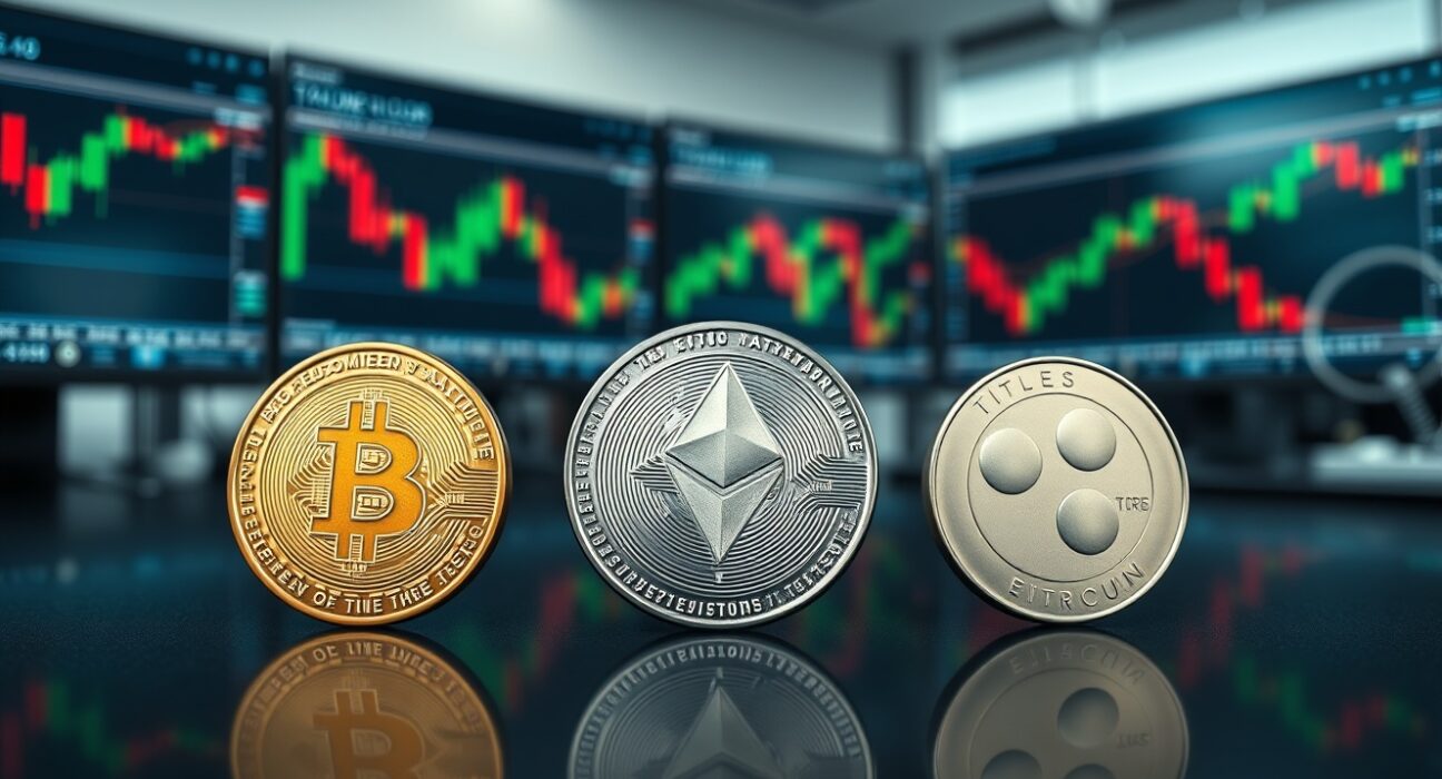 Bitcoin, Ethereum, and Ripple coins on a reflective surface with chart monitors in the background