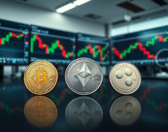 Bitcoin, Ethereum, and Ripple coins on a reflective surface with chart monitors in the background