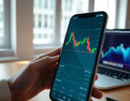 Cryptocurrency price charts on a smartphone and laptop in a professional trading setting