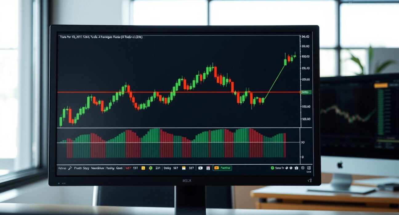 Cryptocurrency price charts on a monitor with moving average lines in a professional trading environment