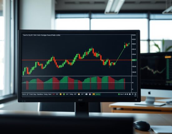 Cryptocurrency price charts on a monitor with moving average lines in a professional trading environment