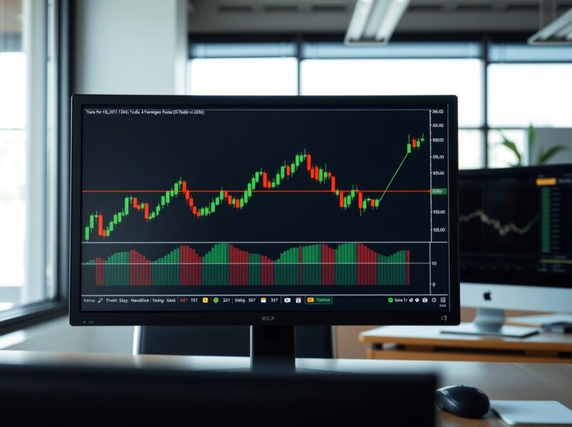 Cryptocurrency price charts on a monitor with moving average lines in a professional trading environment