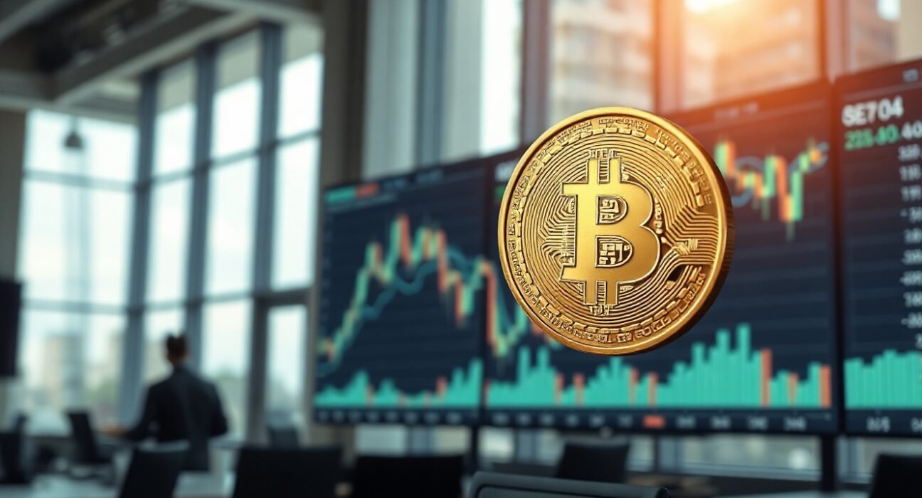 Bitcoin coin in focus with blurred trading charts in background, representing cryptocurrency market analysis