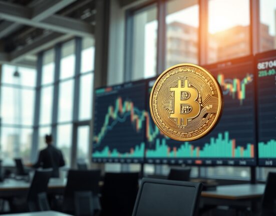 Bitcoin coin in focus with blurred trading charts in background, representing cryptocurrency market analysis