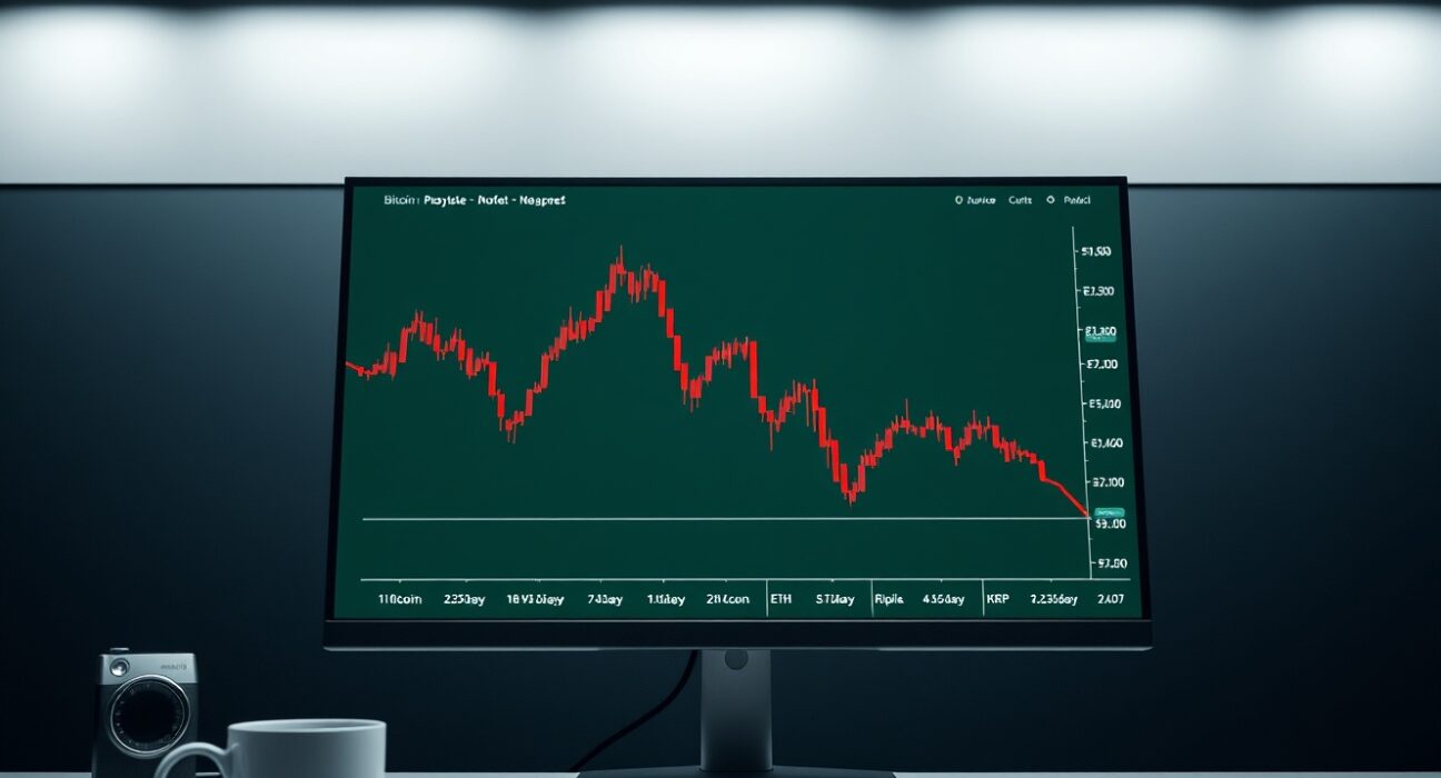 Financial market monitor showing Bitcoin, Ethereum, and Ripple price charts in decline