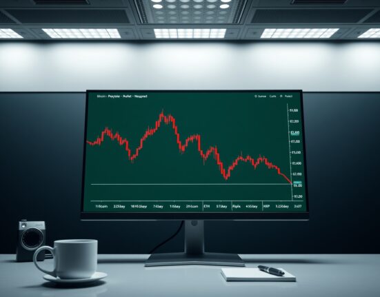 Financial market monitor showing Bitcoin, Ethereum, and Ripple price charts in decline