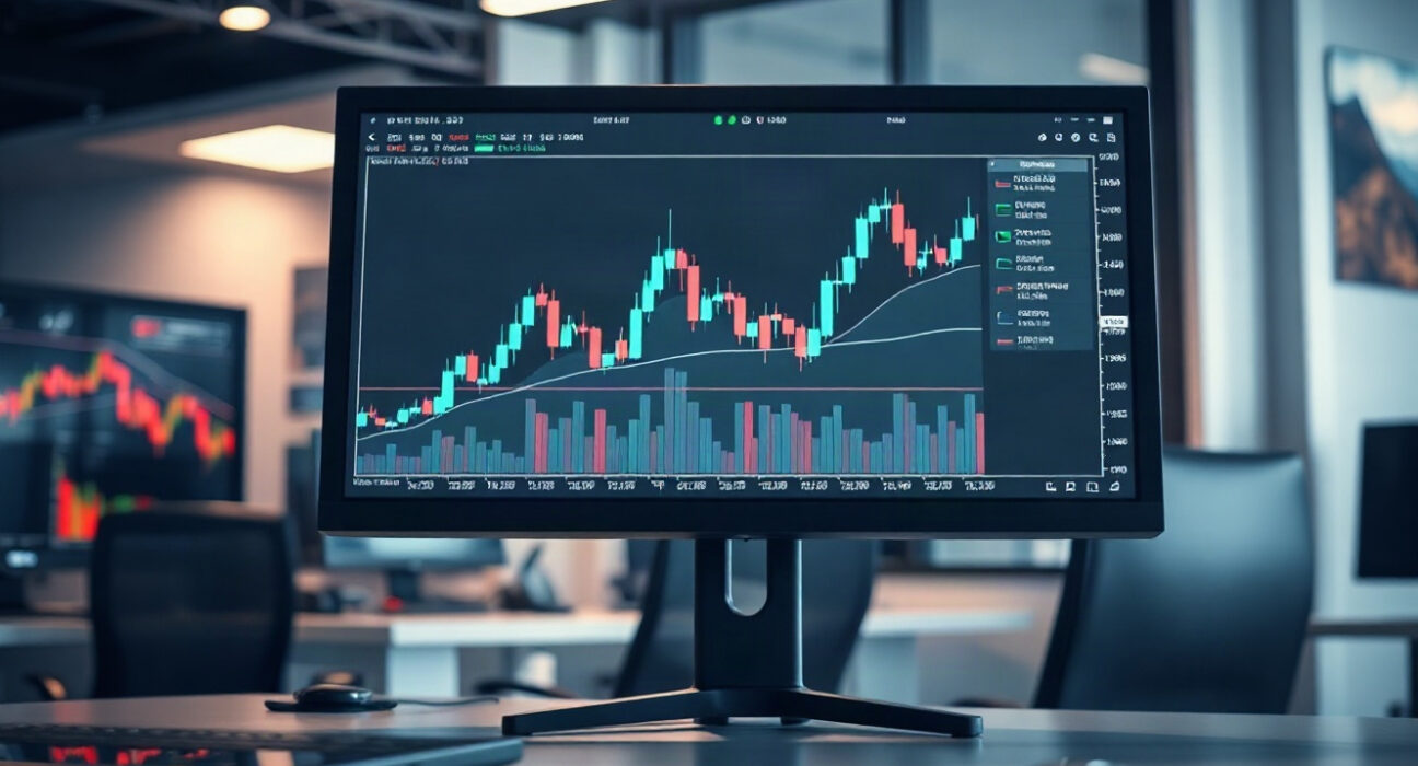 Cryptocurrency price charts on a monitor in a trading room, with Bitcoin, Ethereum, and Ripple candlestick patterns visible