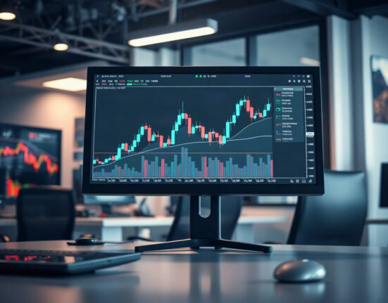 Cryptocurrency price charts on a monitor in a trading room, with Bitcoin, Ethereum, and Ripple candlestick patterns visible