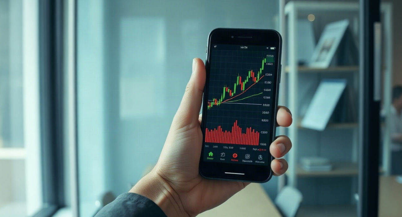 Cryptocurrency price chart on a smartphone screen with Bitcoin, Ethereum, and Ripple price movements