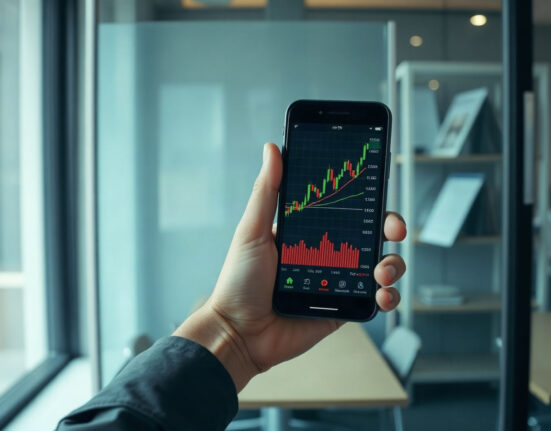 Cryptocurrency price chart on a smartphone screen with Bitcoin, Ethereum, and Ripple price movements