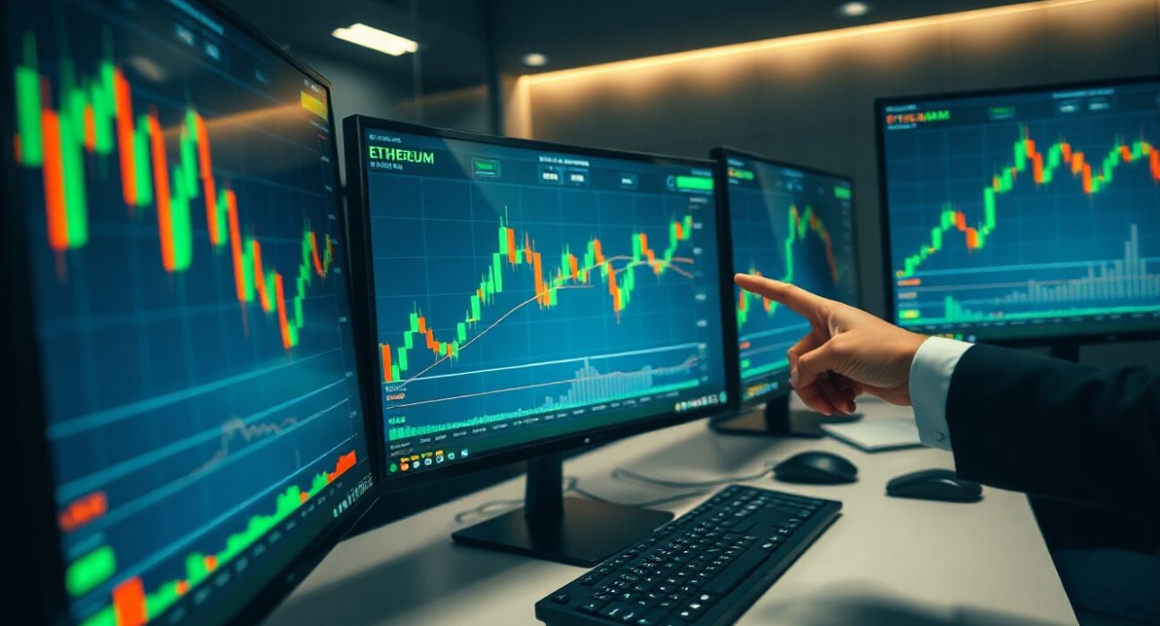 Cryptocurrency price charts on multiple monitors in a trading room