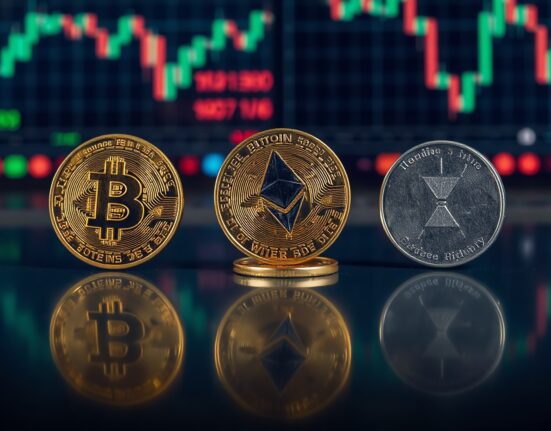 Bitcoin, Ethereum, and Ripple coins on a reflective surface with blurred charts in background