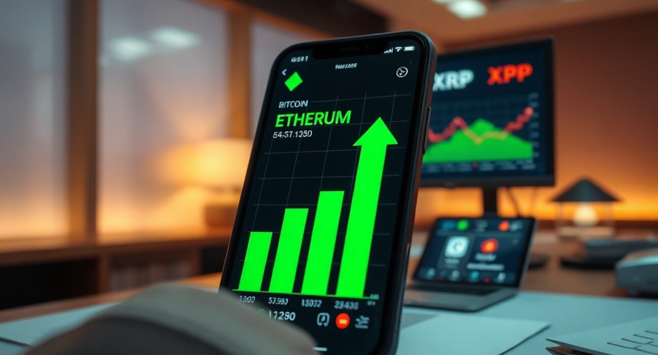 Cryptocurrency price charts on a smartphone showing Bitcoin and Ethereum gains while XRP declines