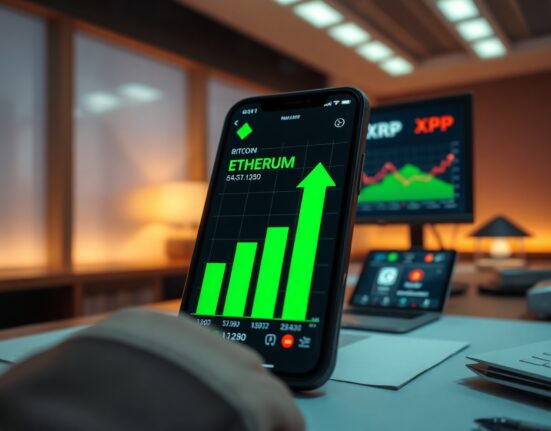 Cryptocurrency price charts on a smartphone showing Bitcoin and Ethereum gains while XRP declines