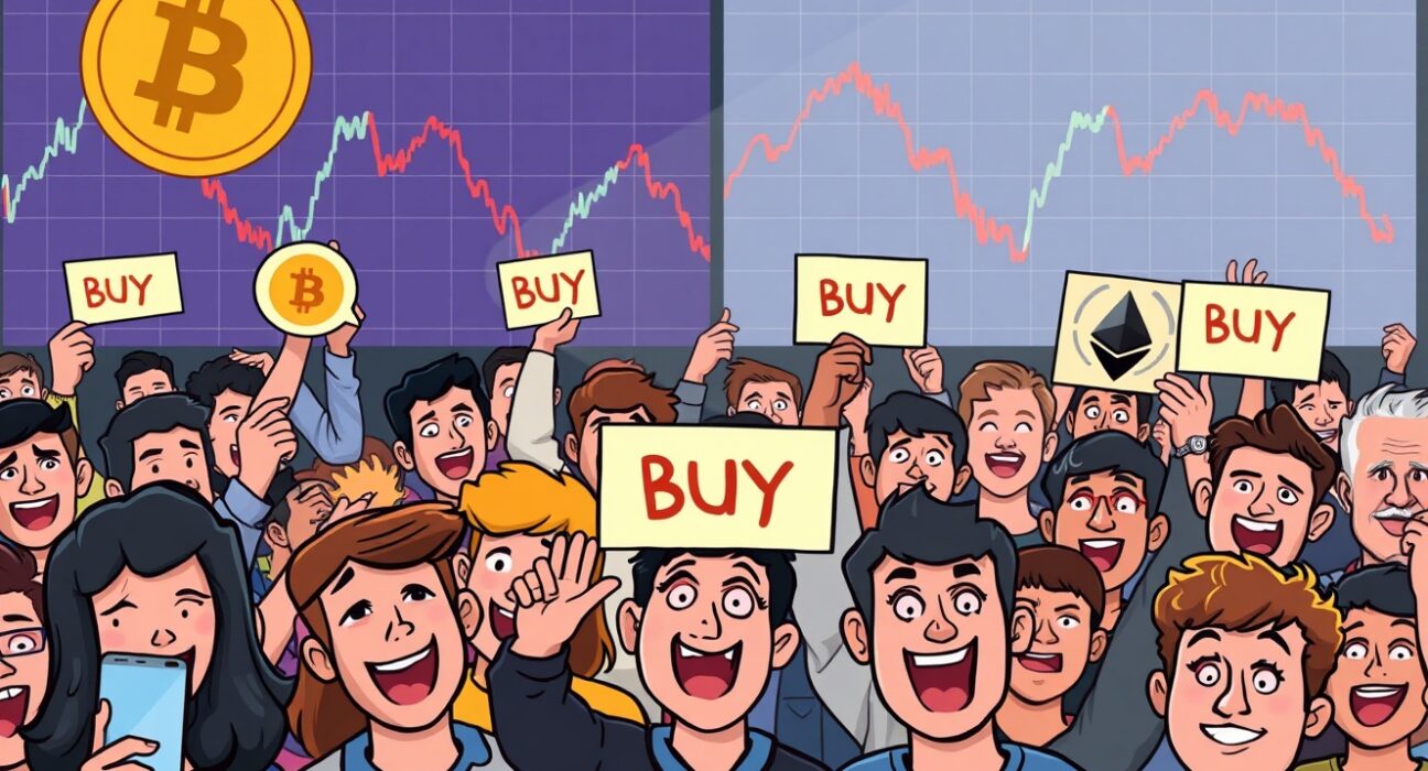 Cartoon illustrating the inverse relationship between excited social media sentiment and falling Bitcoin and Ethereum prices.