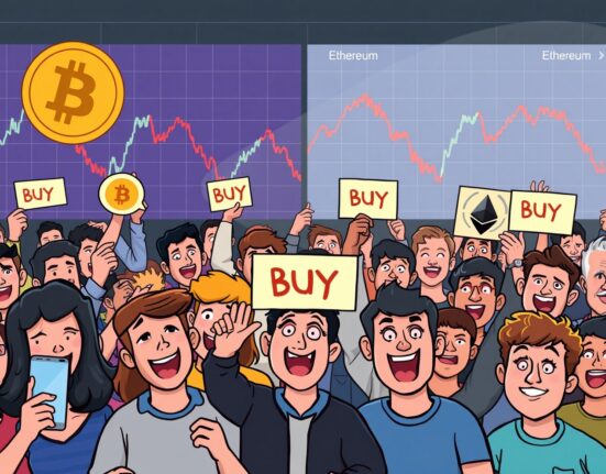 Cartoon illustrating the inverse relationship between excited social media sentiment and falling Bitcoin and Ethereum prices.