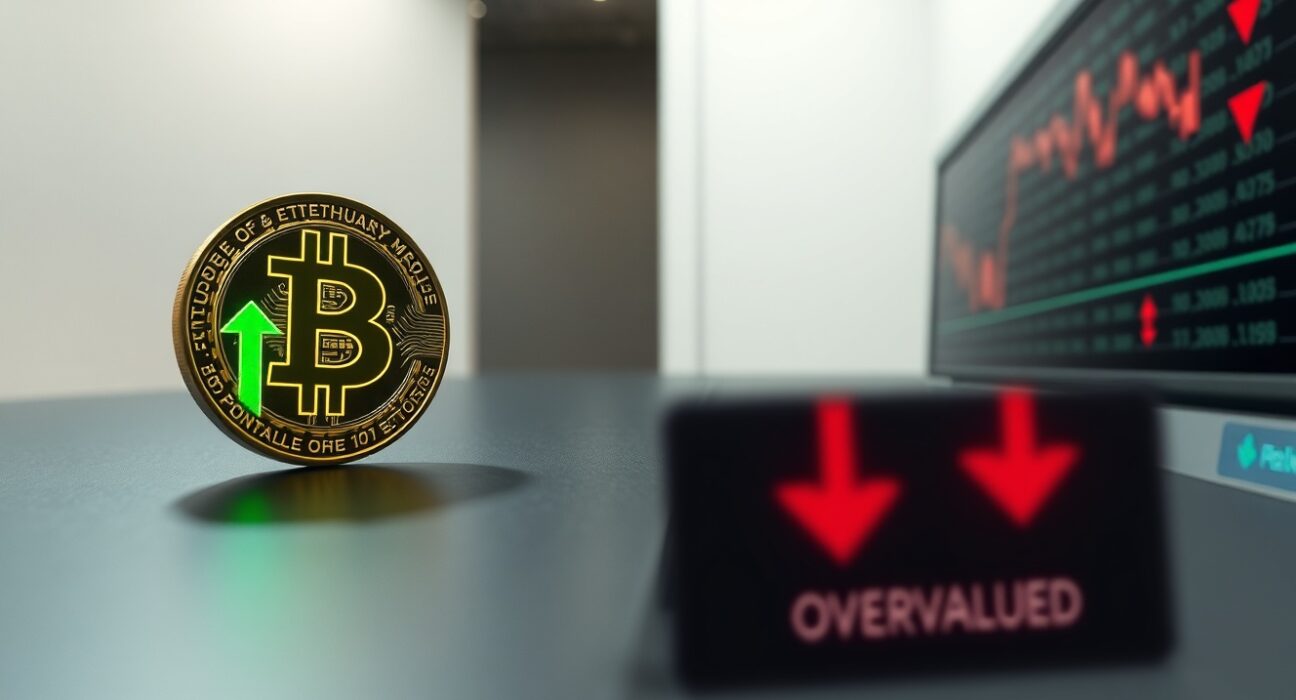 Bitcoin and Ethereum coins with market valuation indicators contrasting with stock market tickers