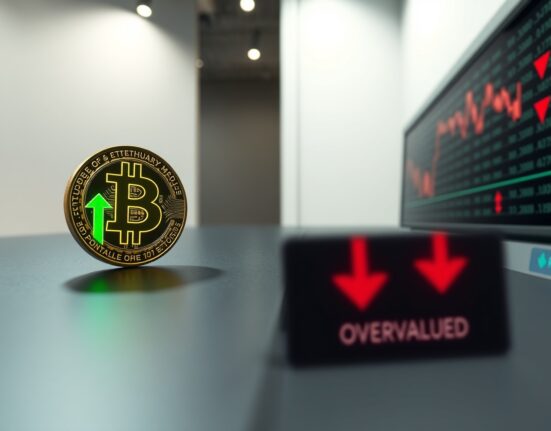 Bitcoin and Ethereum coins with market valuation indicators contrasting with stock market tickers