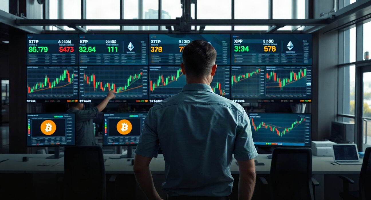 Analyst monitoring Bitcoin, Ethereum, and XRP price charts on trading screens