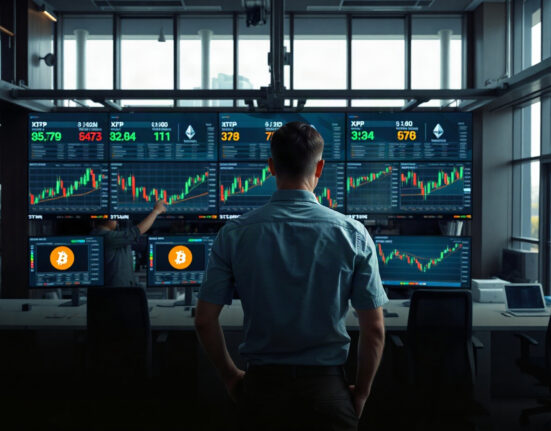 Analyst monitoring Bitcoin, Ethereum, and XRP price charts on trading screens