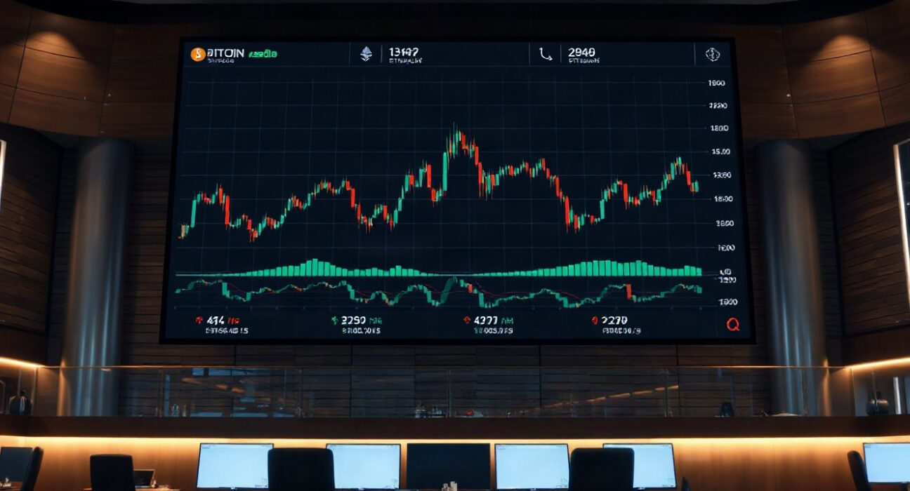 Trading screen showing Bitcoin, Ethereum, and XRP price charts in consolidation
