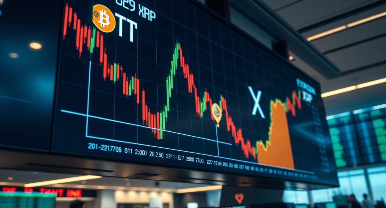 Digital trading screen showing Bitcoin, Ethereum, and XRP prices with slight downward movement