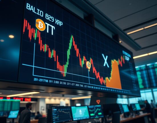 Digital trading screen showing Bitcoin, Ethereum, and XRP prices with slight downward movement