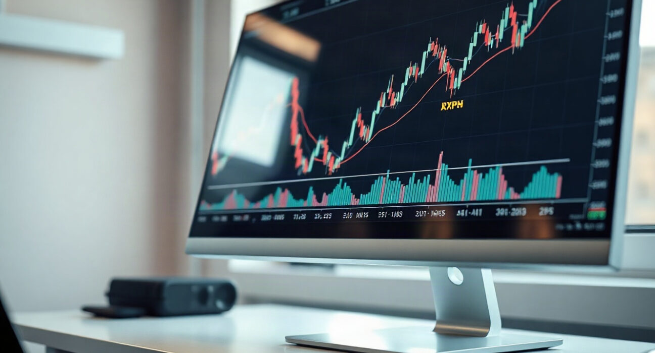 Cryptocurrency price charts on a monitor showing Bitcoin, Ethereum, and XRP market trends