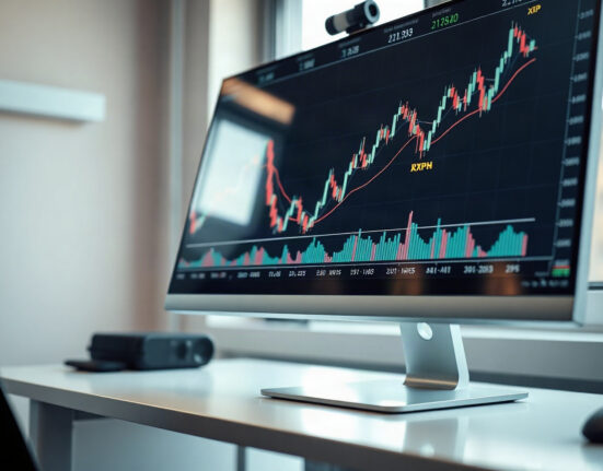 Cryptocurrency price charts on a monitor showing Bitcoin, Ethereum, and XRP market trends