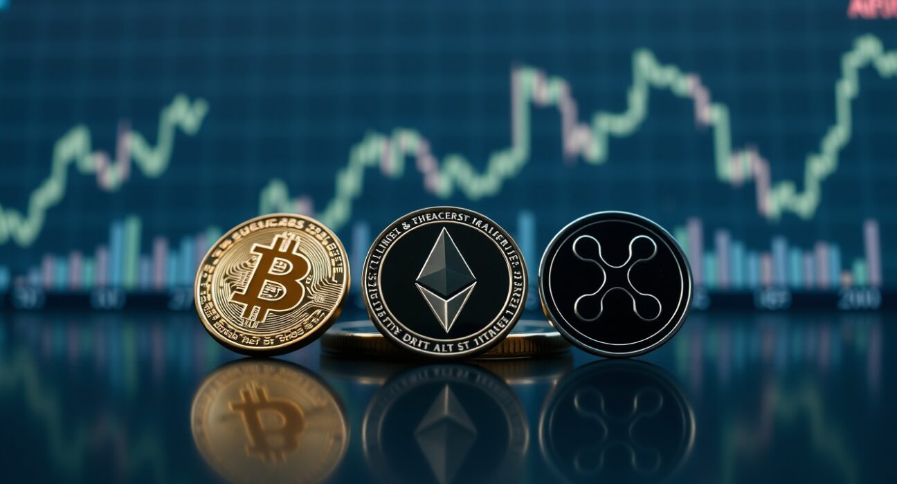 Bitcoin, Ethereum, and XRP coins on a reflective surface with upward price trend lines, representing market analysis.