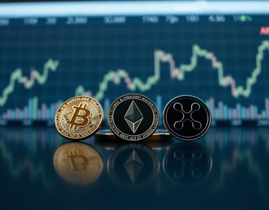 Bitcoin, Ethereum, and XRP coins on a reflective surface with upward price trend lines, representing market analysis.
