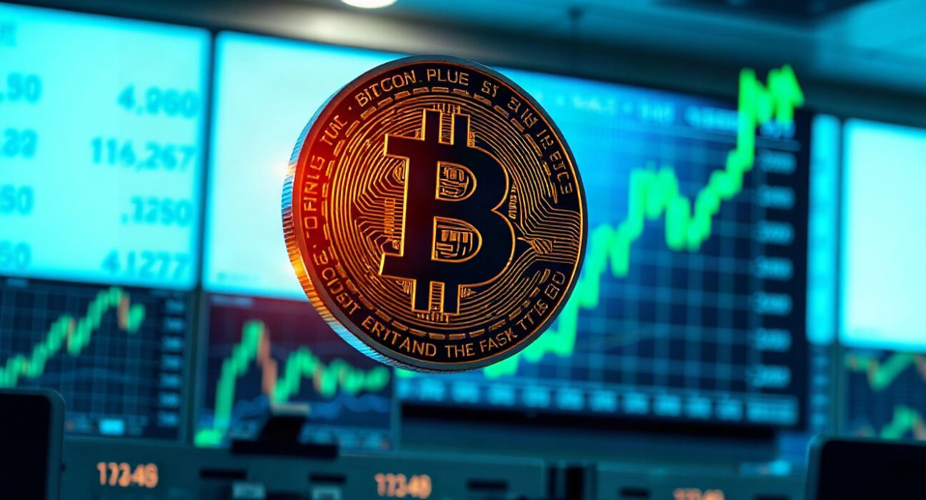 Bitcoin coin above an upward-trending chart on a trading screen, symbolizing bullish crypto market momentum.
