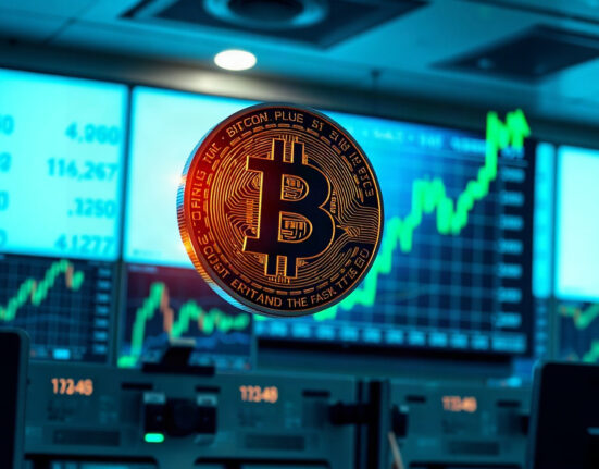 Bitcoin coin above an upward-trending chart on a trading screen, symbolizing bullish crypto market momentum.