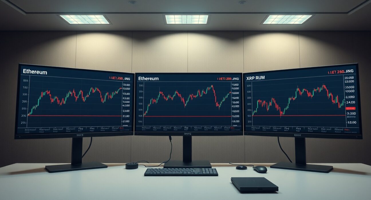 Three digital monitors showing sideways cryptocurrency price charts for Bitcoin, Ethereum, and XRP in a professional newsroom setting.
